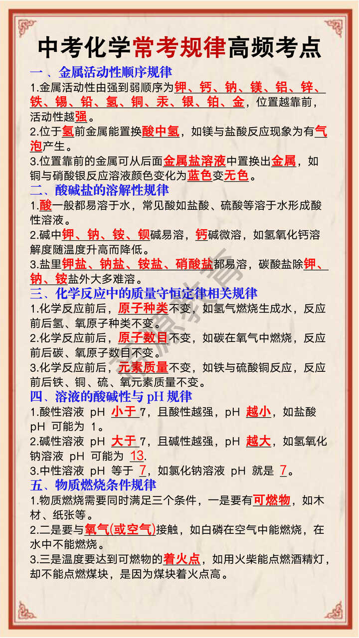 中考化学常考规律高频考点