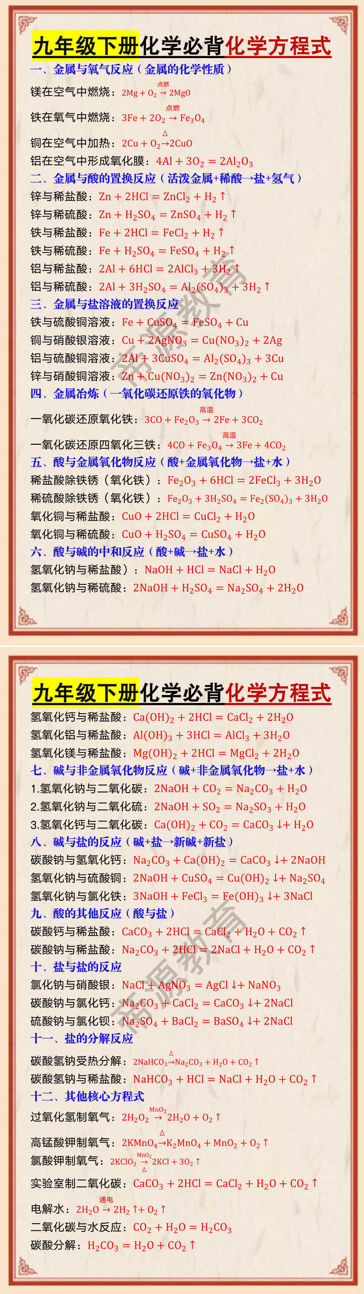 九年级下册化学必背化学方程式