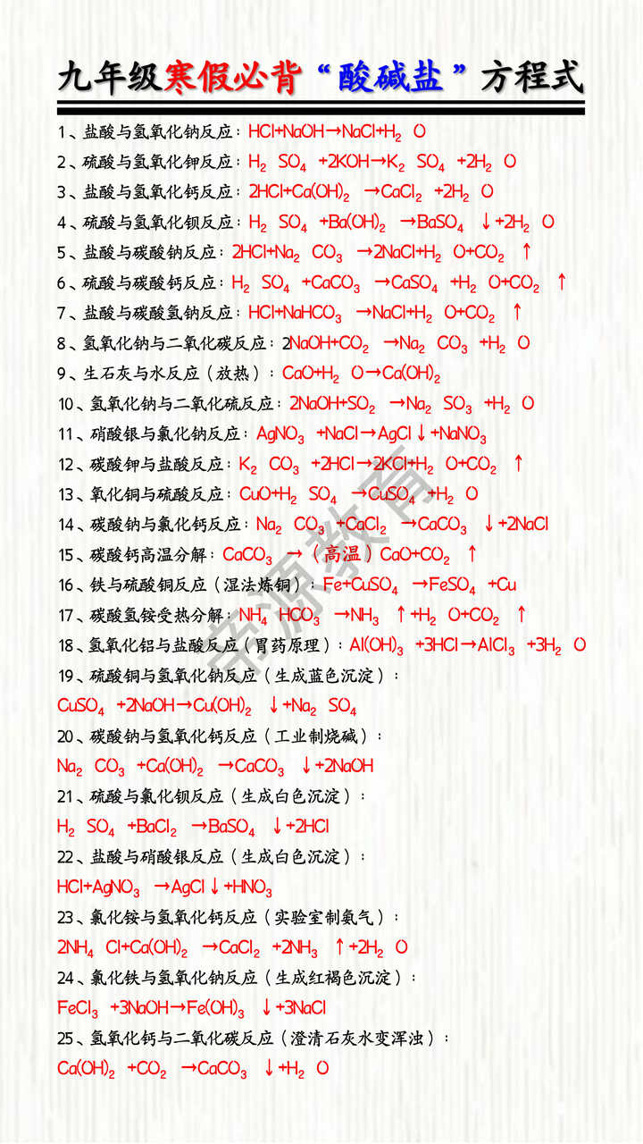 九年级化学寒假必背“酸碱盐”方程式