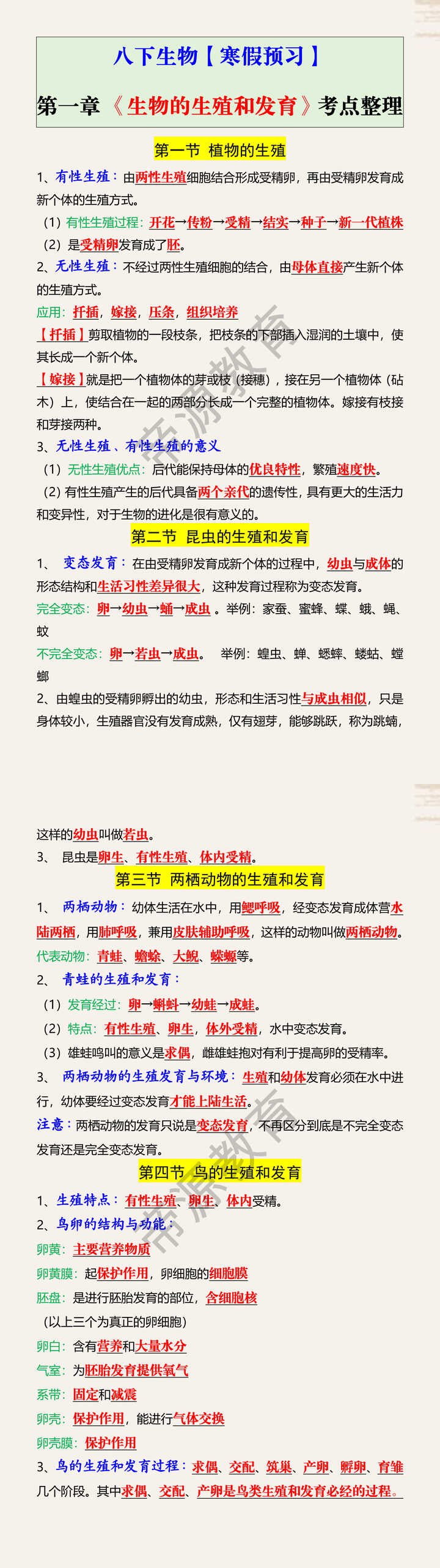 八下生物【寒假预习】第一章 《生物的生殖和发育》考点整理