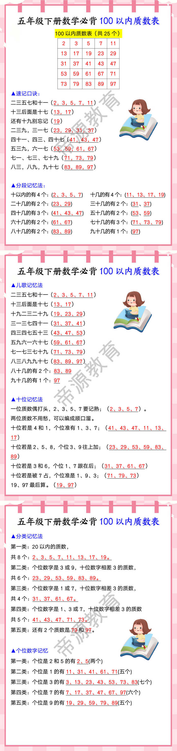 五年级下册数学必背100以内质数表