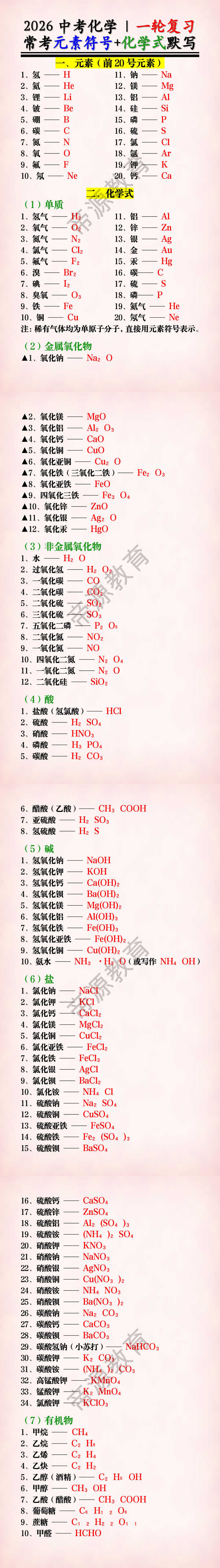 2026中考化学 | 一轮复习：常考元素符号+化学式默写