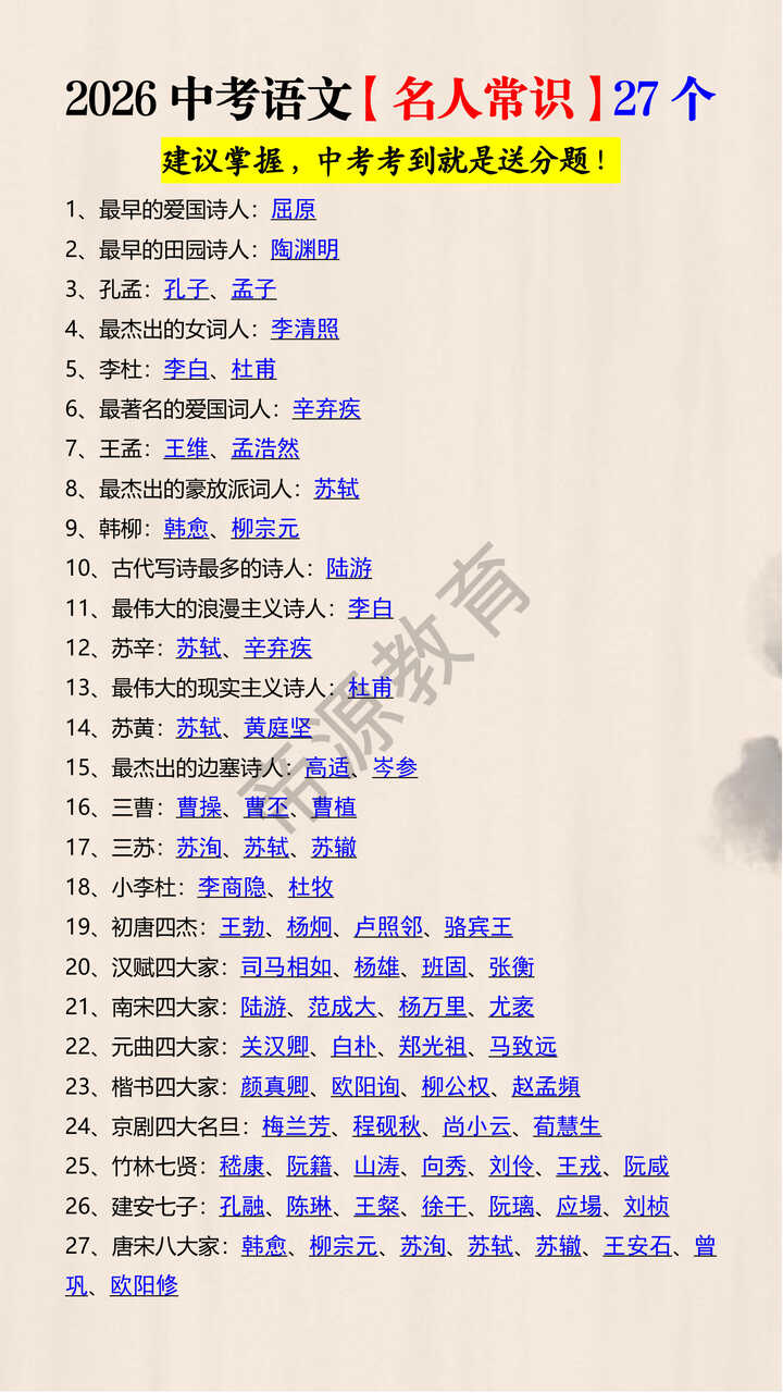 2026中考语文【名人常识】27个