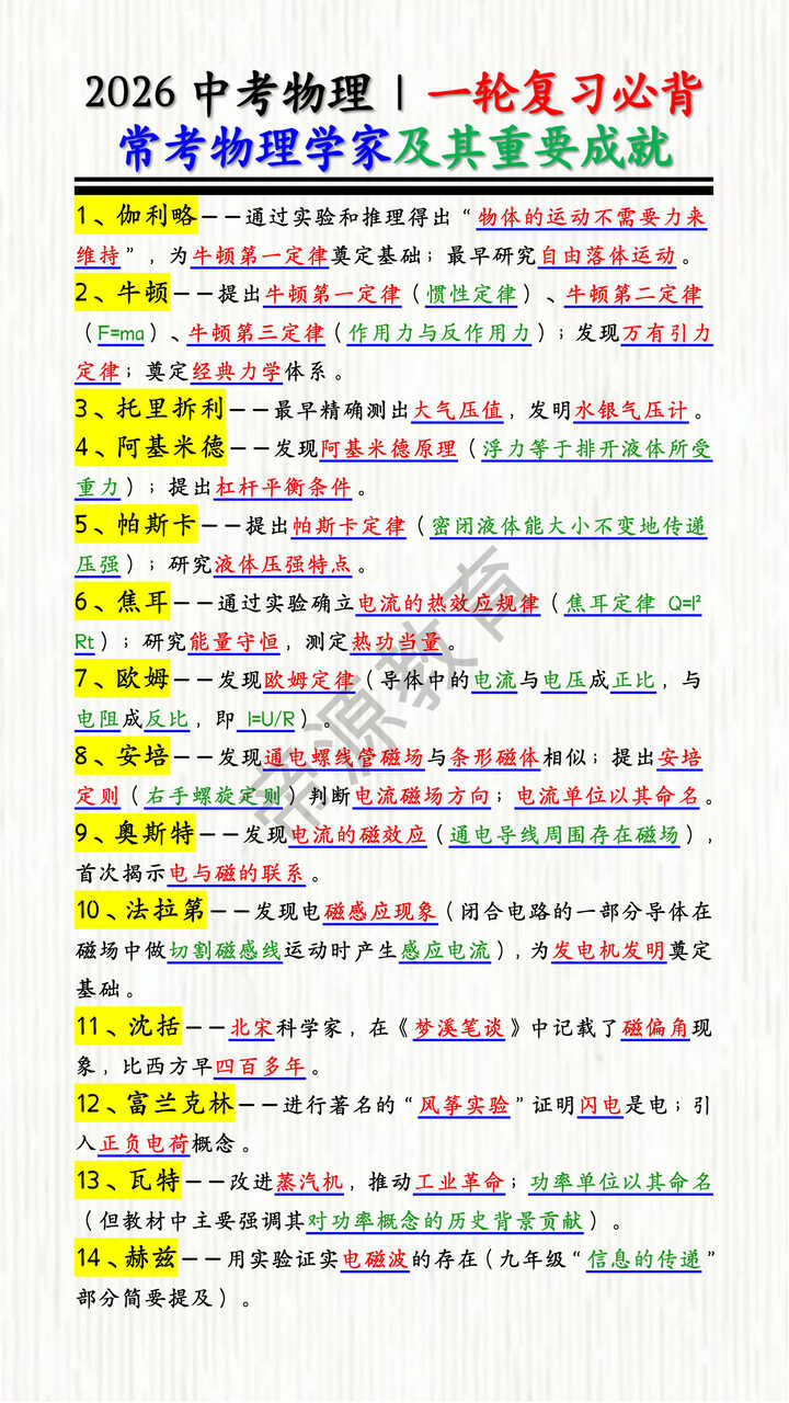 2026中考物理 | 一轮复习必背常考物理学家及其重要成就
