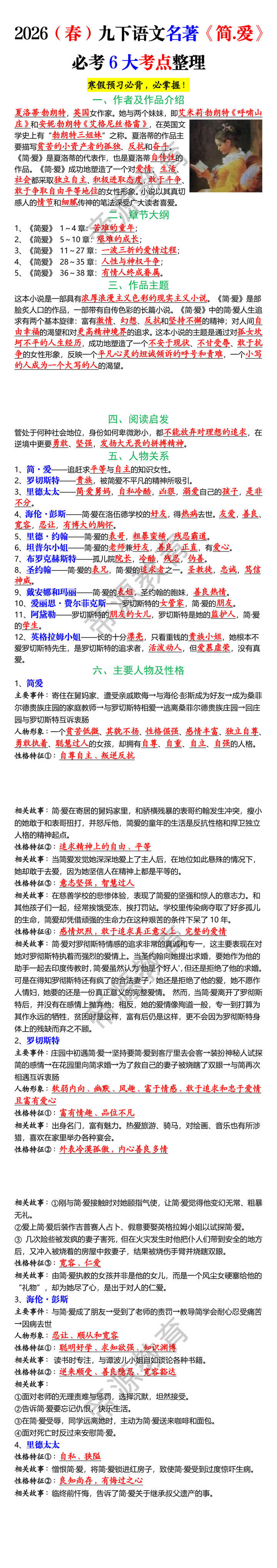 2026（春）九下语文名著《简.爱》必考6大考点整理