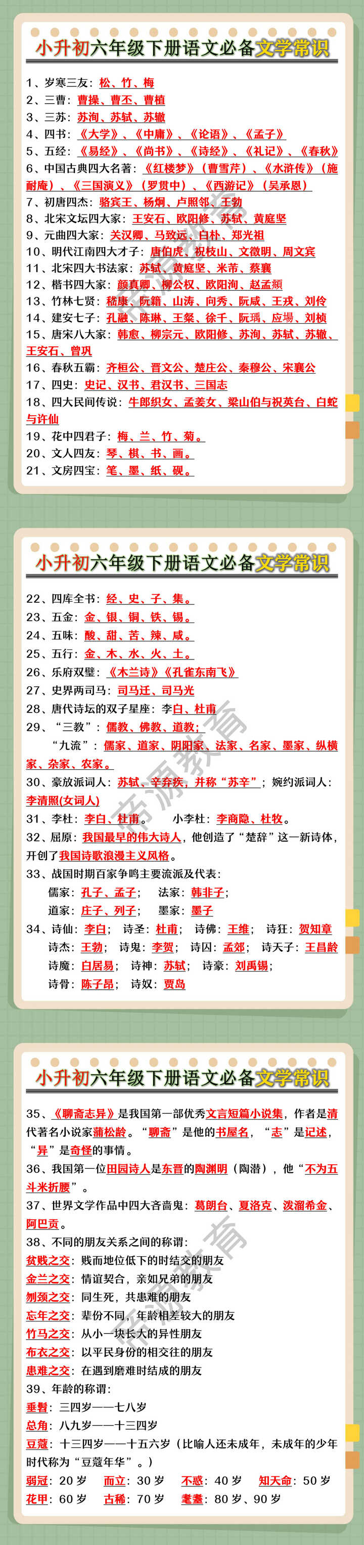 小升初六年级下册语文必备文学常识