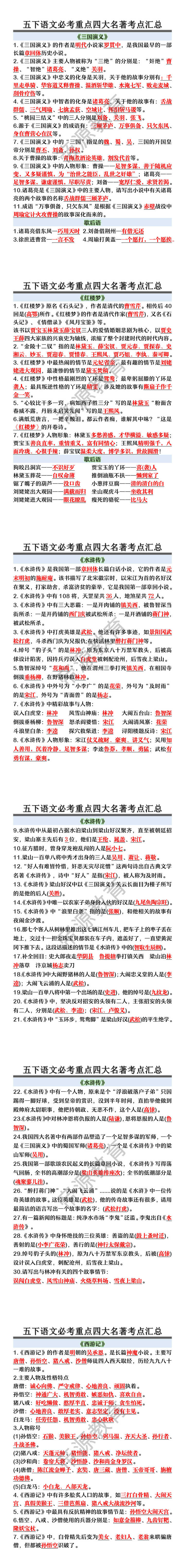 五下语文必考重点四大名著考点汇总