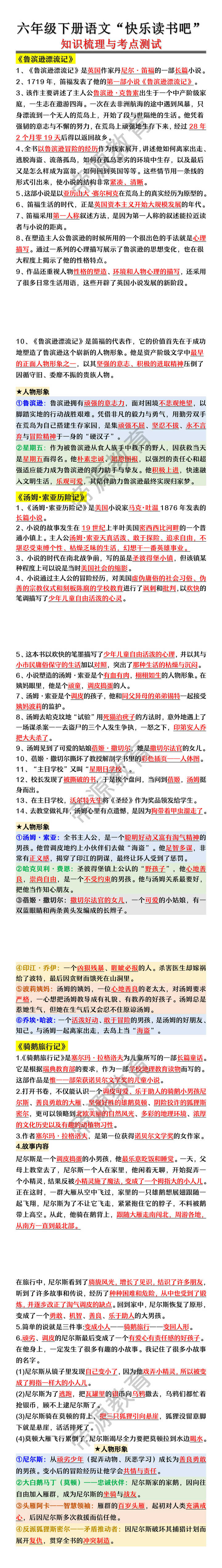 六年级下册语文“快乐读书吧”知识梳理与考点测试