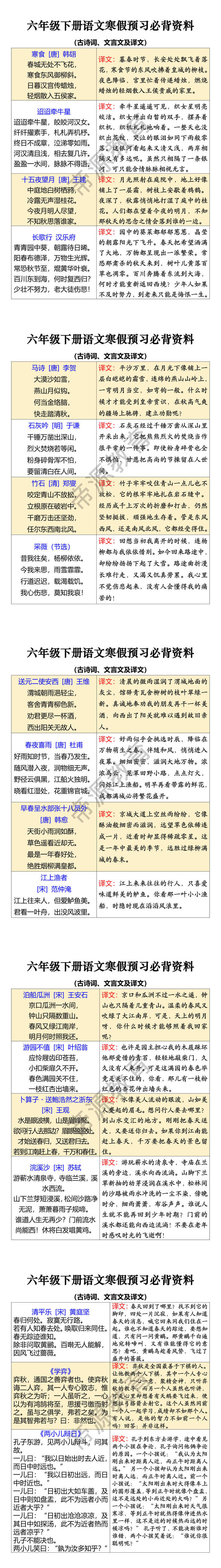 六年级下册语文寒假预习必背资料