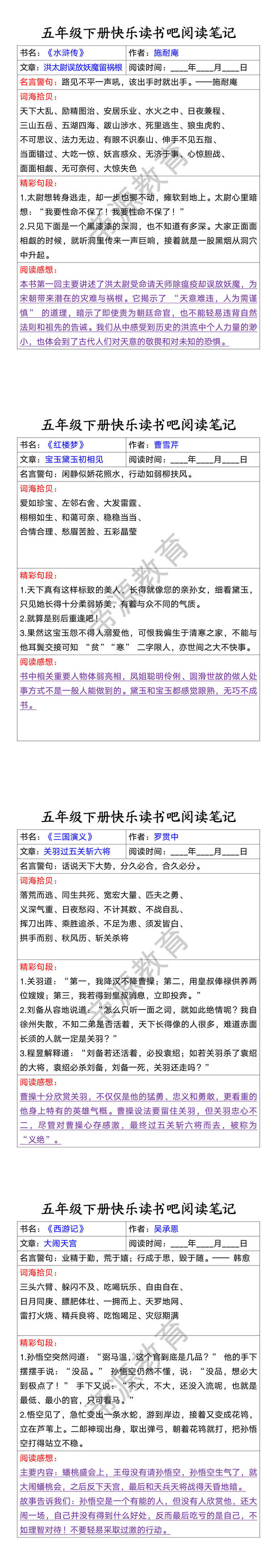 五年级下册快乐读书吧阅读笔记