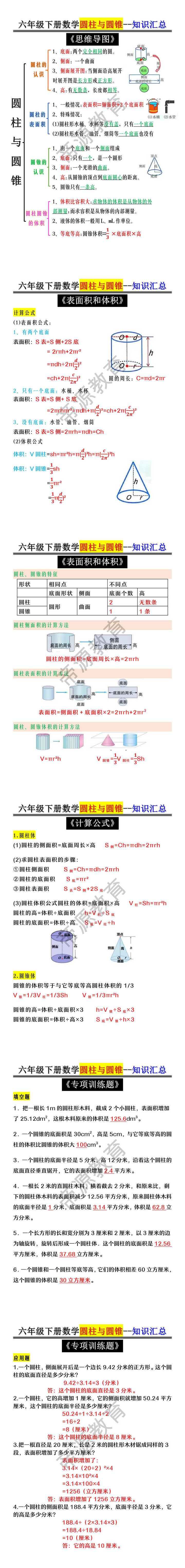 六年级下册数学圆柱与圆锥--知识汇总