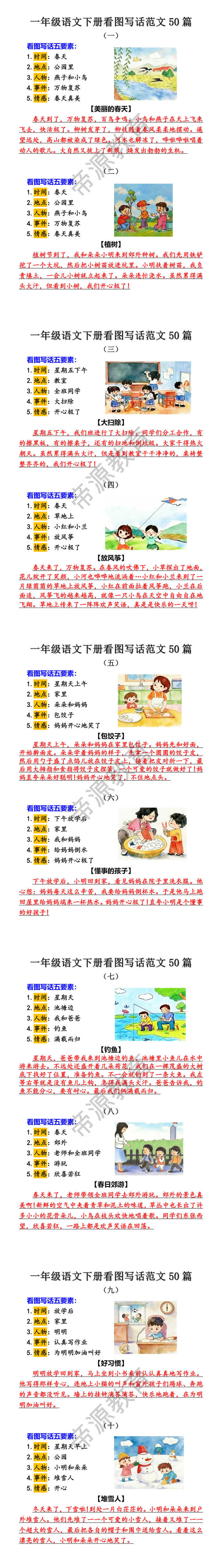 一年级下册看图写话常考范文