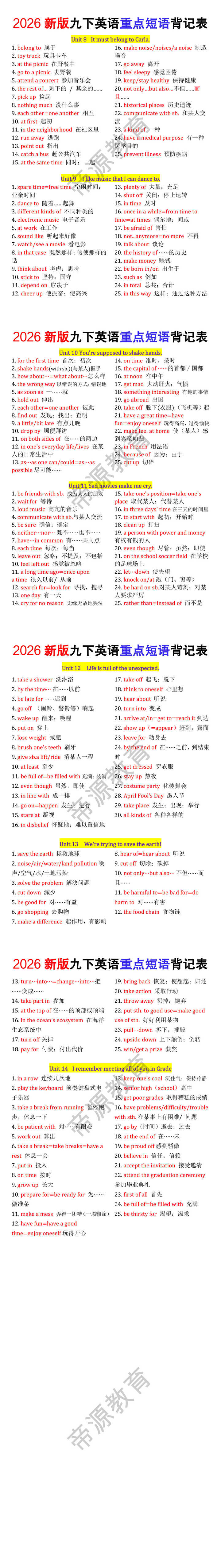 2026新版九年级下册英语重点短语背记表