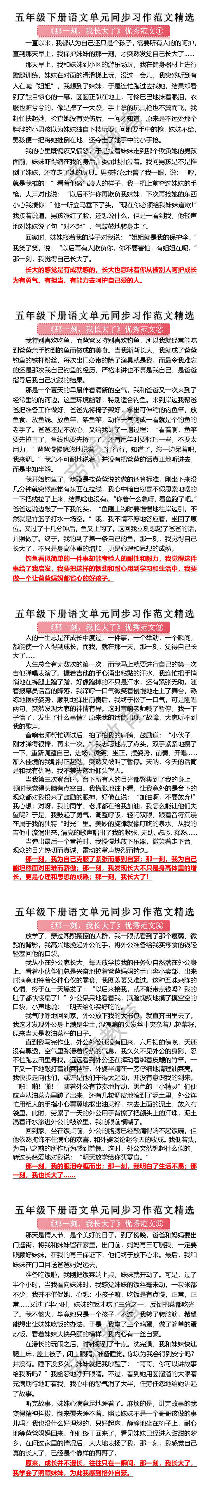 五年级下册语文单元同步习作范文：那一刻我长大了