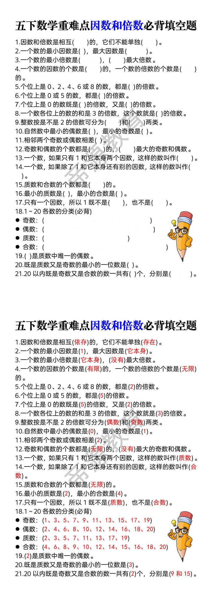五下数学重难点因数和倍数必背填空题 五下数学重难点因数和倍数必背填空题