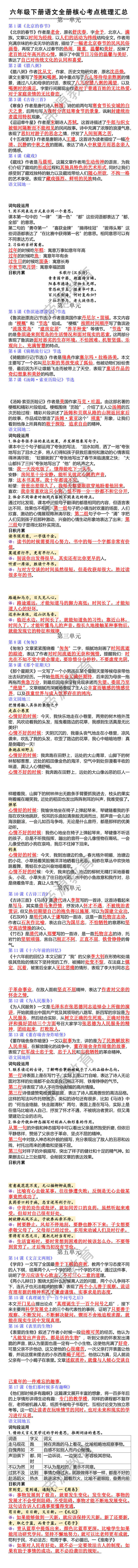 六年级下册语文全册核心考点梳理汇总 六年级下册语文全册核心考点梳理汇总