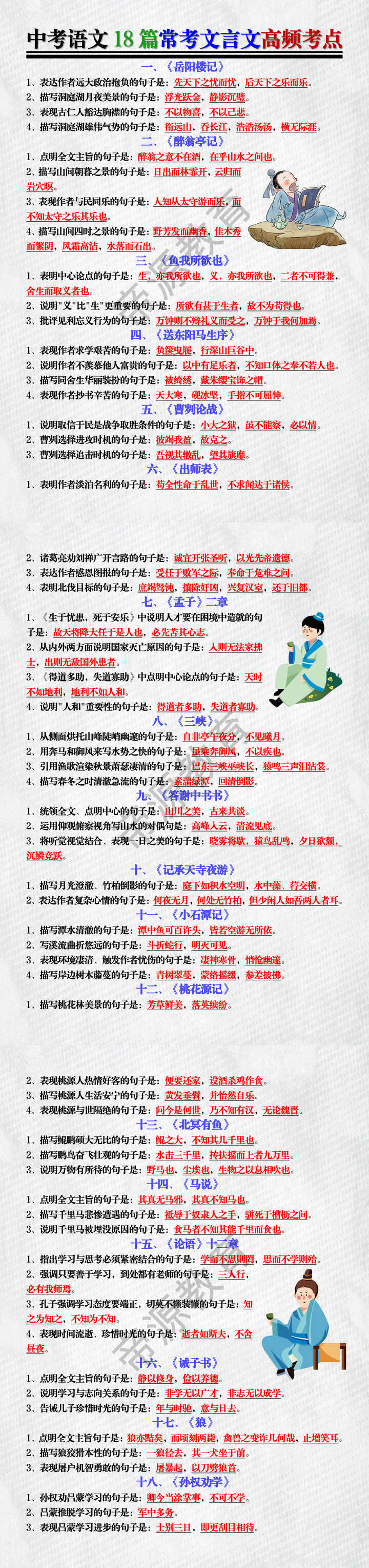 中考语文18篇常考文言文高频考点