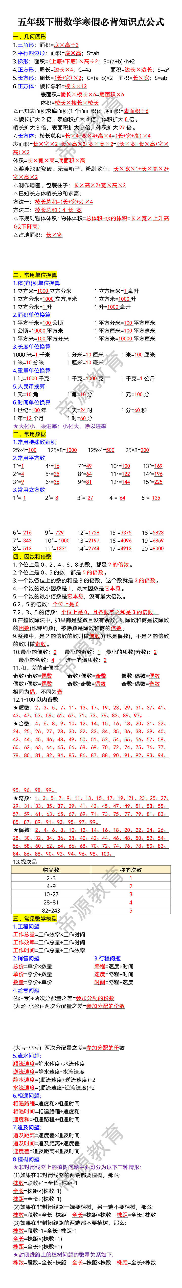 五年级下册数学寒假必背知识点公式