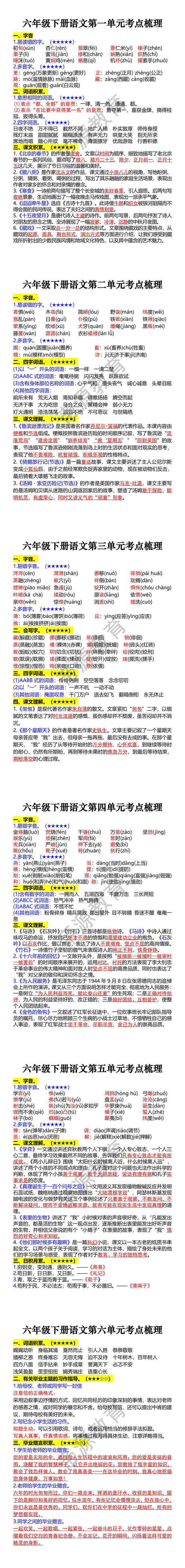 六年级下册语文单元考点梳理