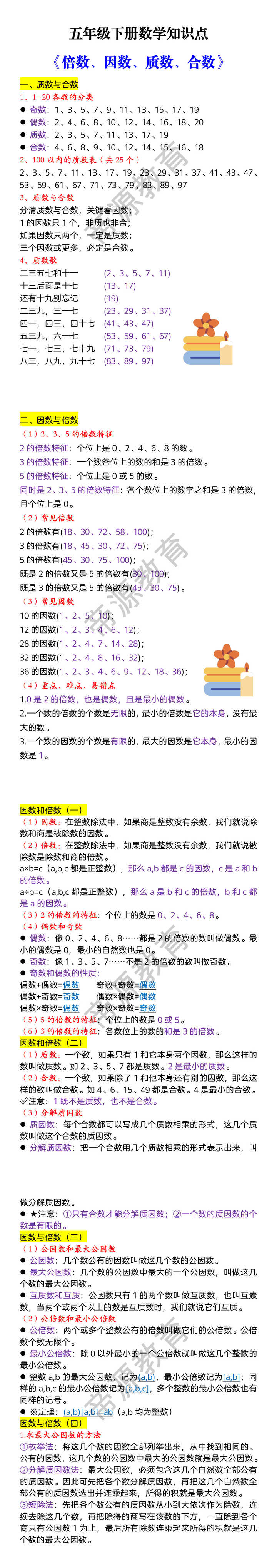 五年级下册数学知识点 《倍数、因数、质数、合数》