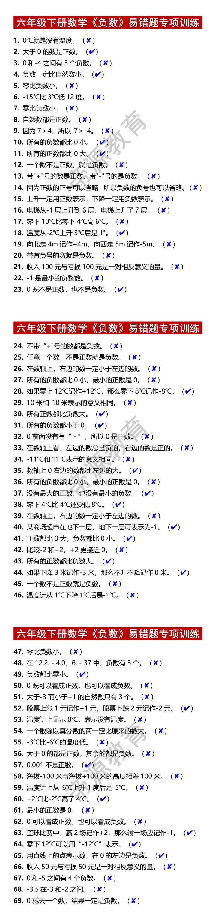 六年级下册数学《负数》易错题专项训练
