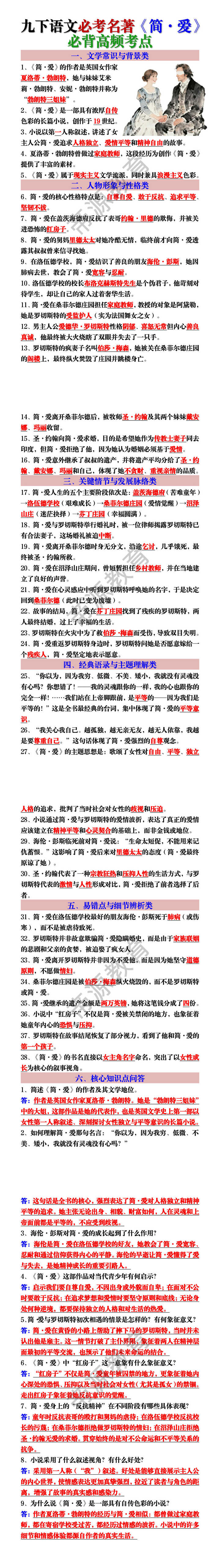 九下语文必考名著《简·爱》必背高频考点
