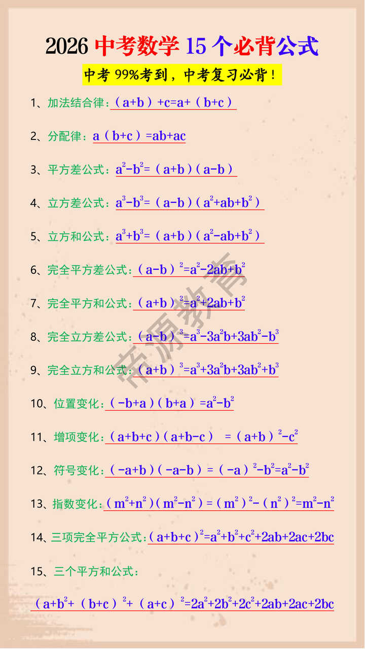 2026中考数学15个必背公式