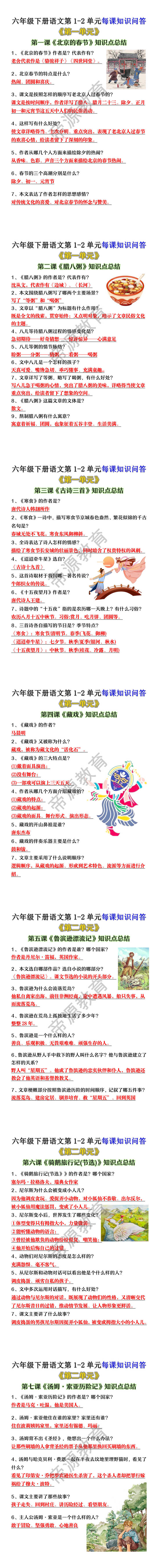 六年级下册语文第1-2单元每课知识问答