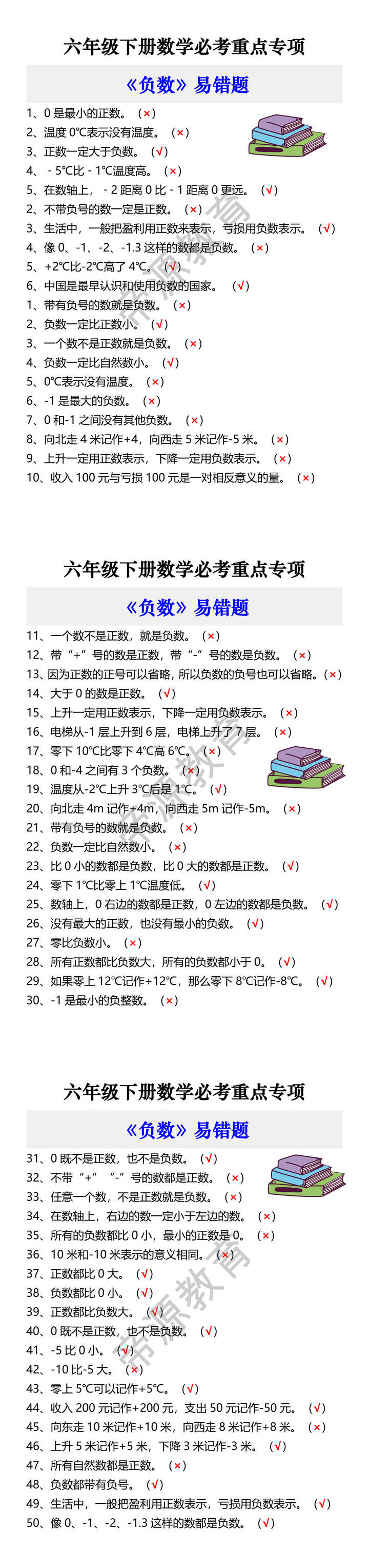 六年级下册数学必考重点专项 《负数》易错题