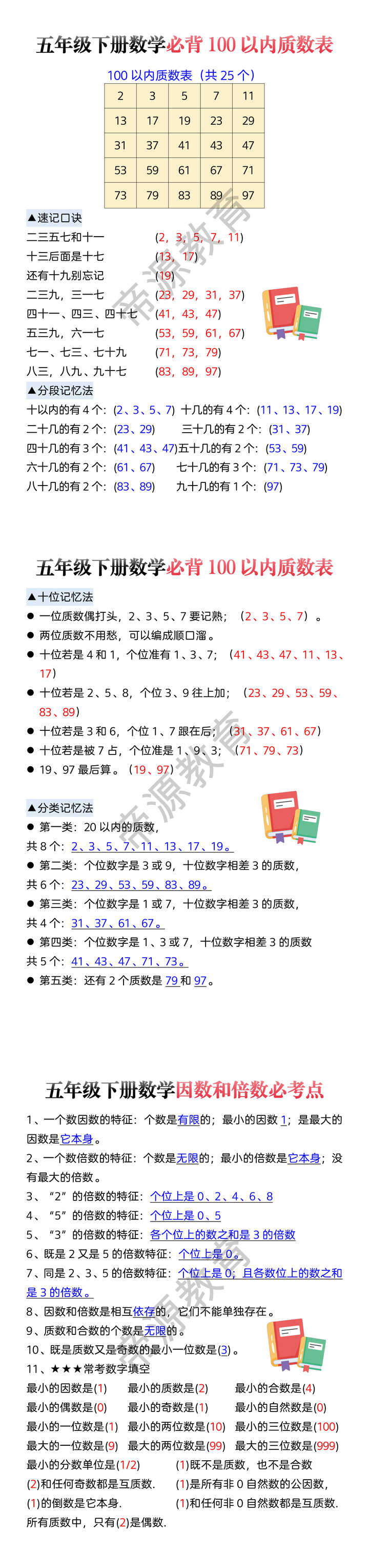 五年级下册数学必背100以内质数表