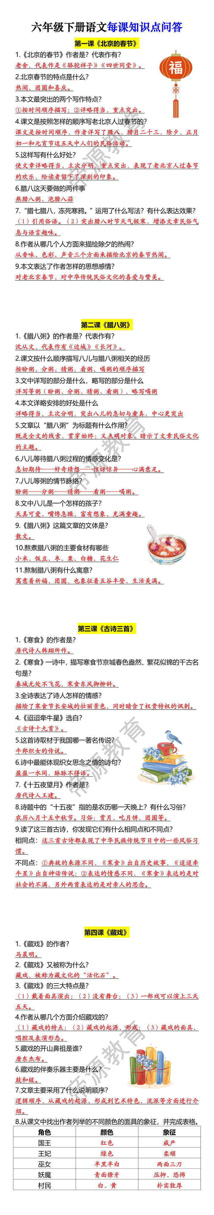 六年级下册语文每课知识点问答