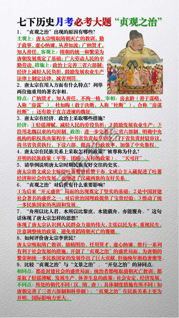七下历史月考必考大题“贞观之治”