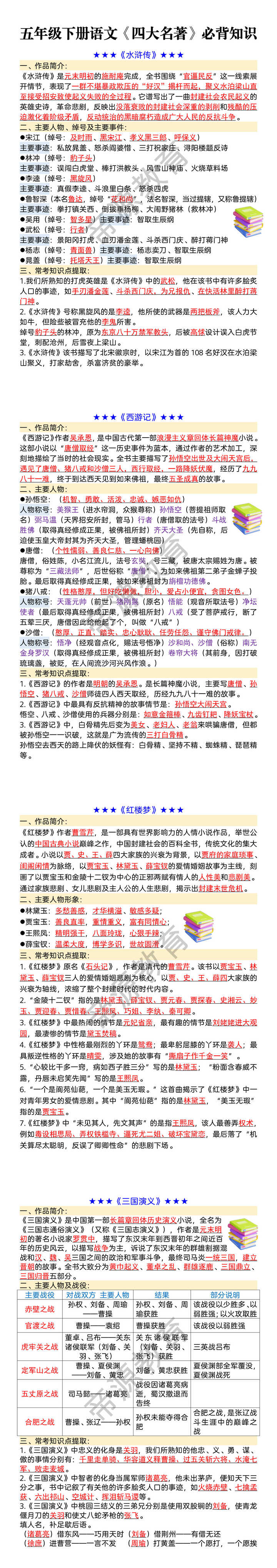 五年级下册语文《四大名著》必背知识