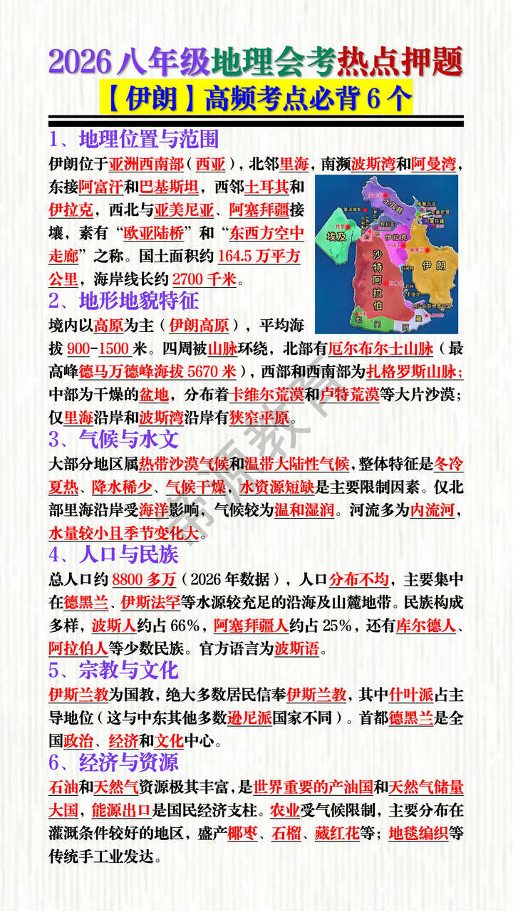 2026八年级地理会考热点押题【伊朗】高频考点必背6个