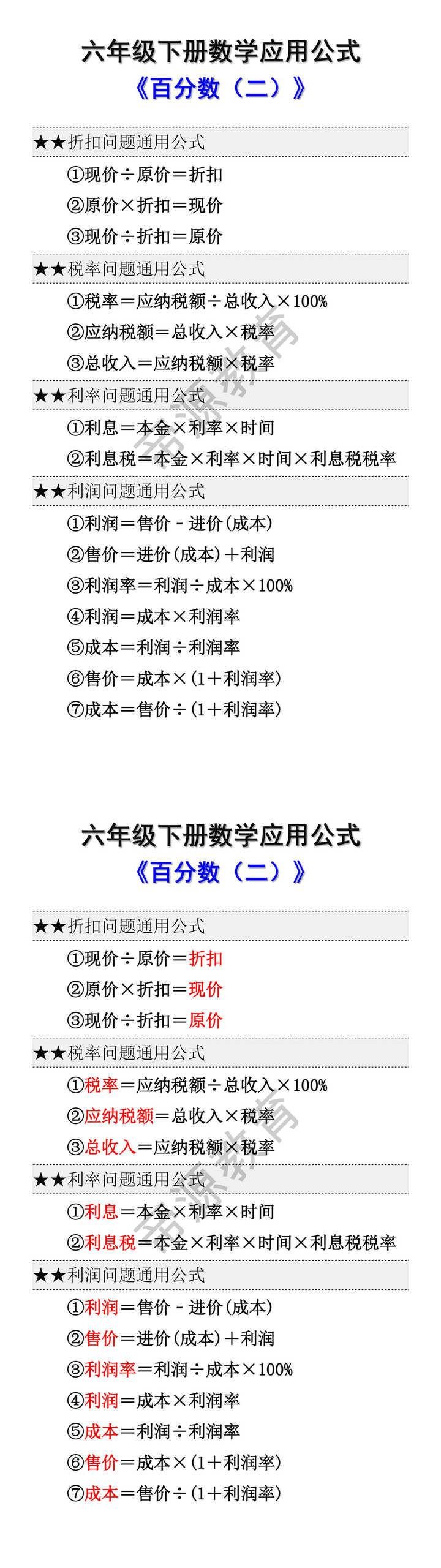 六年级下册数学第二单元百分数应用公式