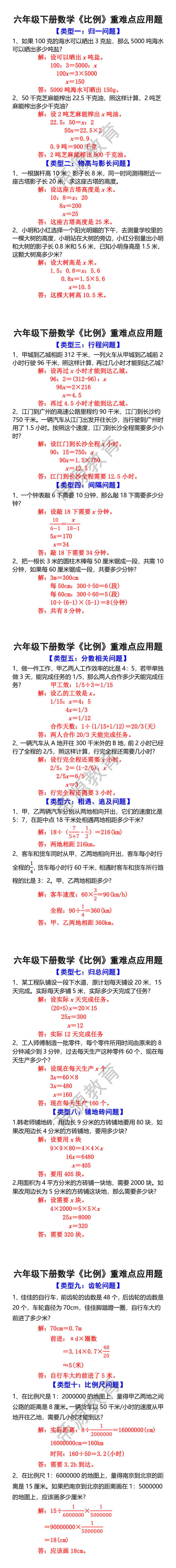 六年级下册数学《比例》重难点应用题