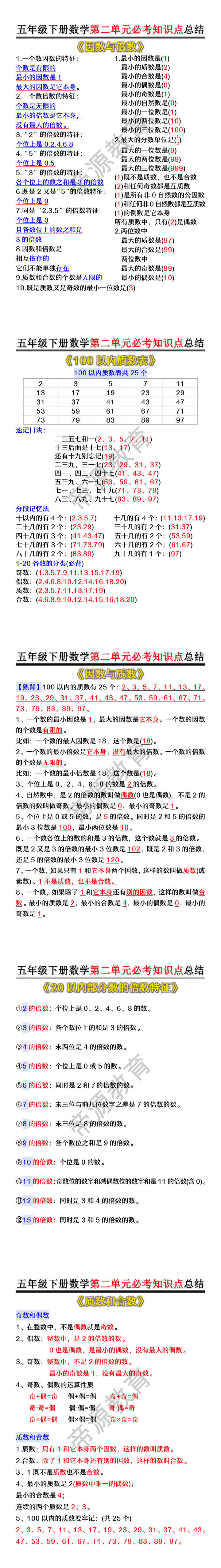五年级下册数学第二单元必考知识点总结 五年级下册数学第二单元必考知识点总结