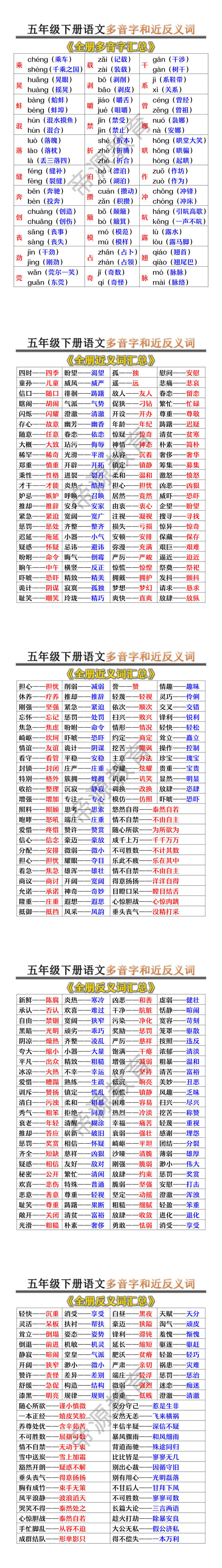 五年级下册语文多音字和近反义词
