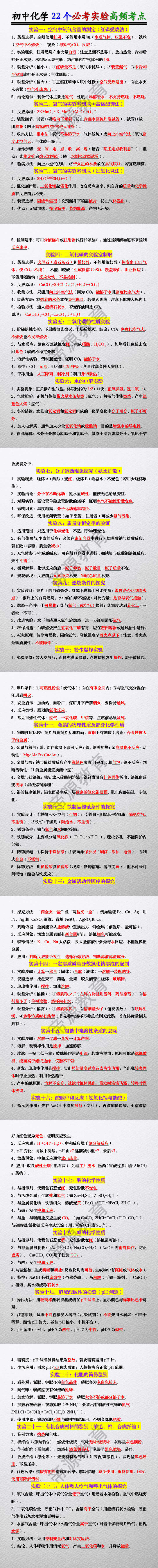 初中化学22个必考实验高频考点