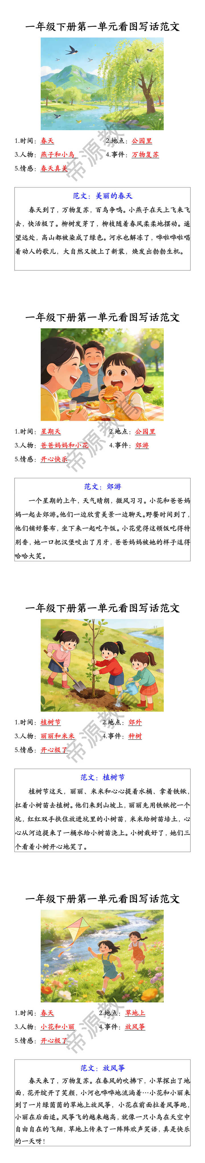 一年级下册第一单元看图写话范文