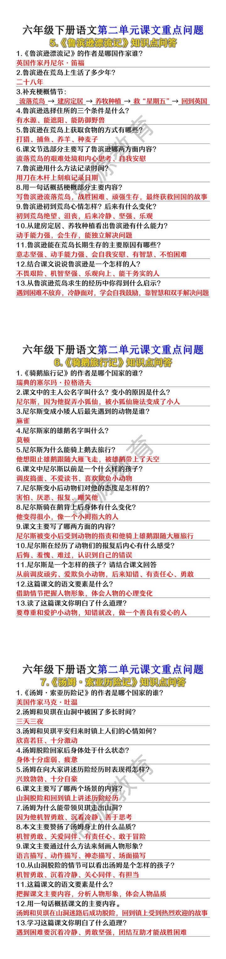 六年级下册语文第二单元课文重点问题