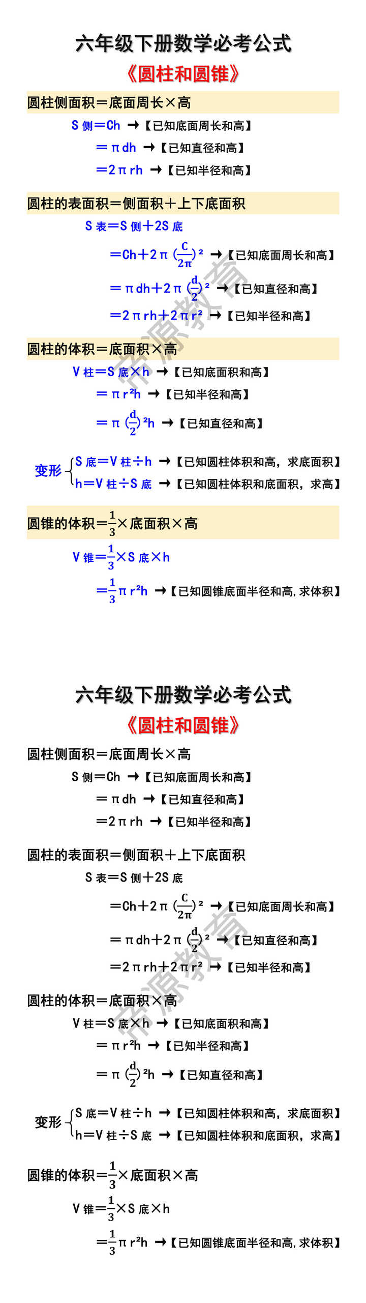 六年级下册数学必考公式