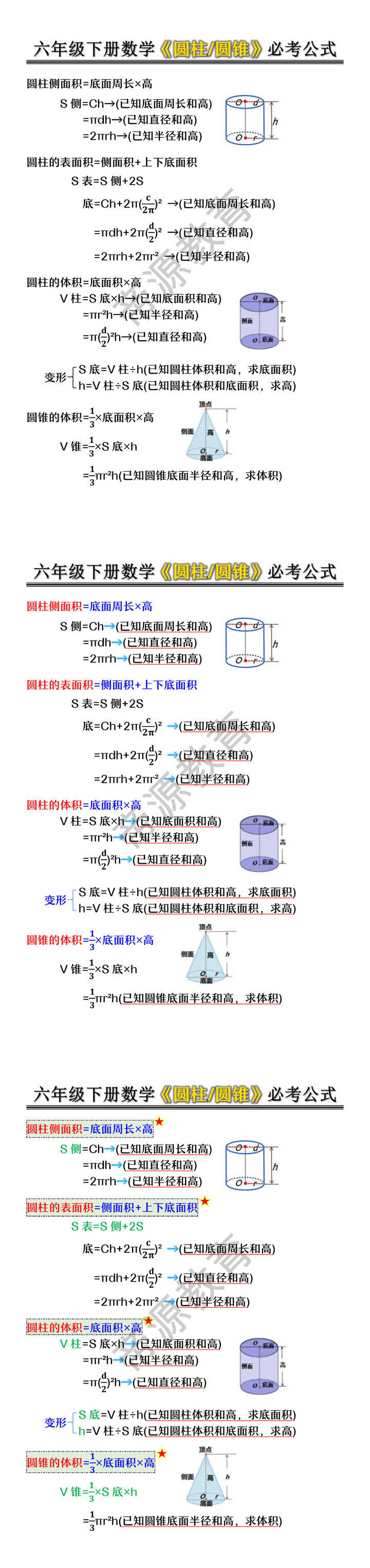 六年级下册数学《圆柱/圆锥》必考公式