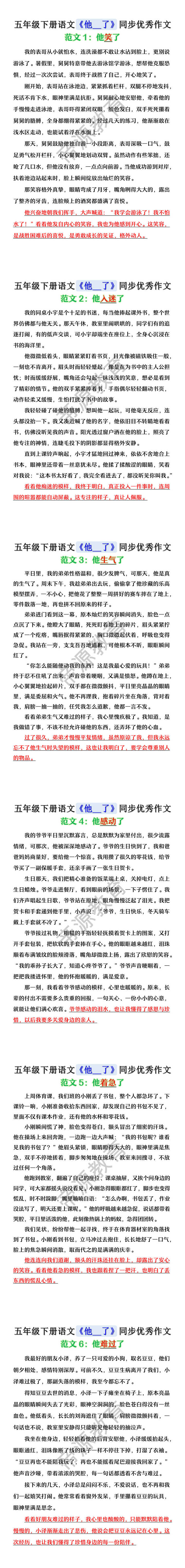 五年级下册语文《他__了》同步优秀作文