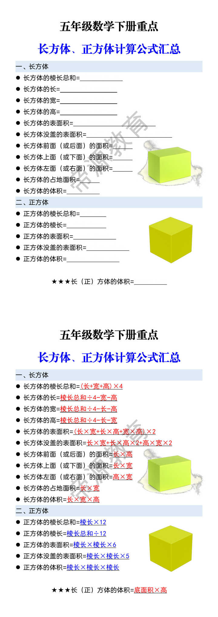 五年级数学下册重点 长方体、正方体计算公式汇总