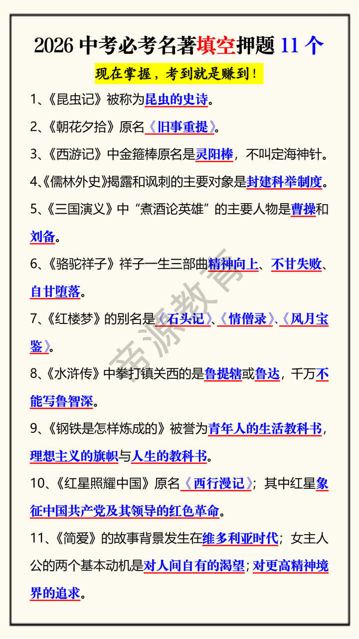 2026中考必考名著填空押题11个