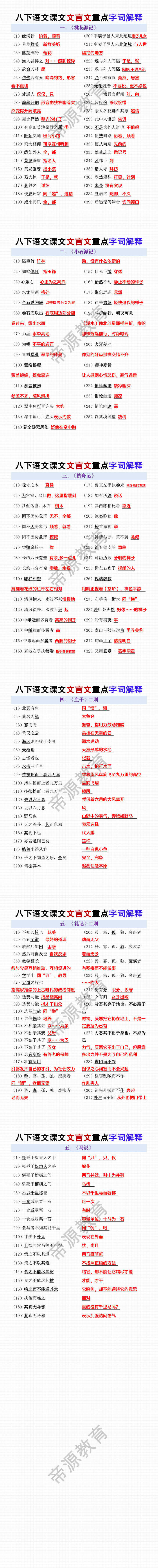 八年级下册语文课文文言文重点字词解释