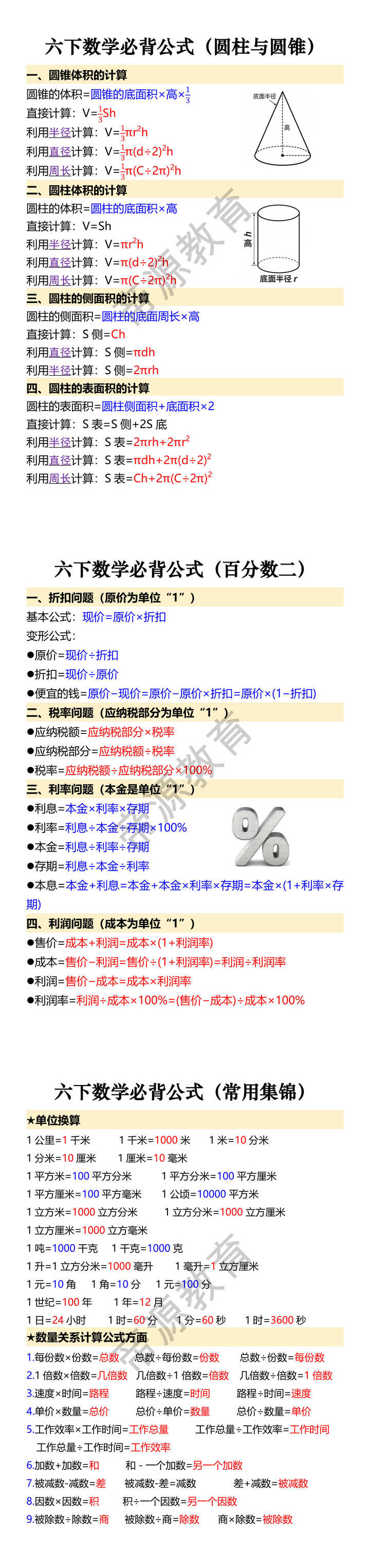 六下数学必背公式