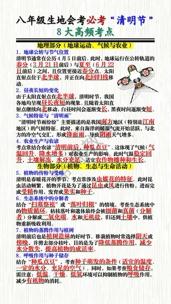 八年级生地会考必考“清明节”8大高频考点