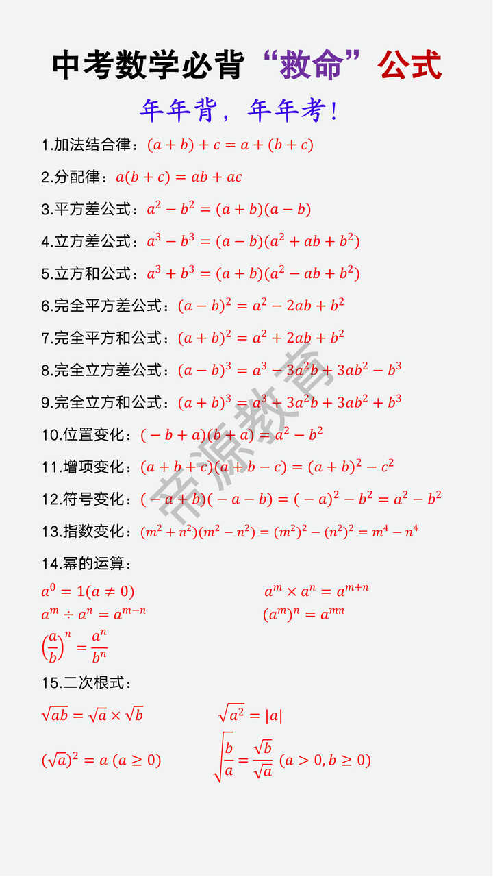 中考数学必背“救命”公式